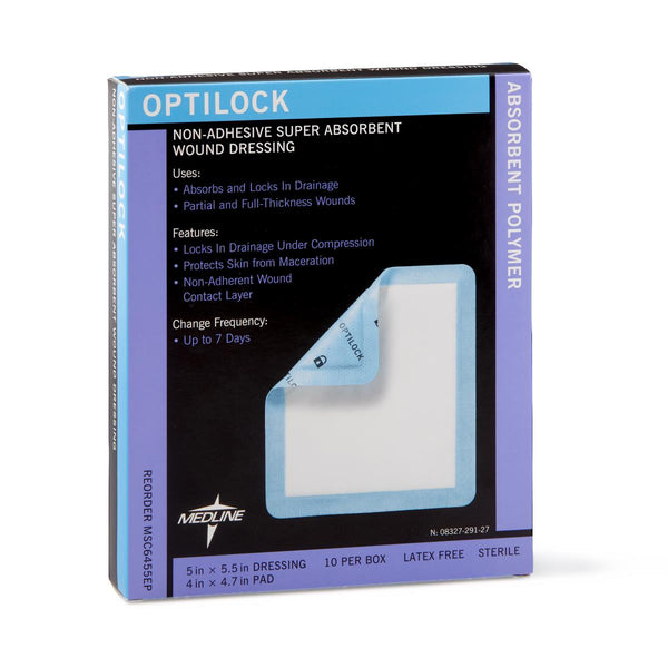 OptiLock Nonadhesive Super Absorbent Wound Dressings, 5" x 5.5", in Educational Packaging, 100/CS  (MSC6455EP) Case of 100