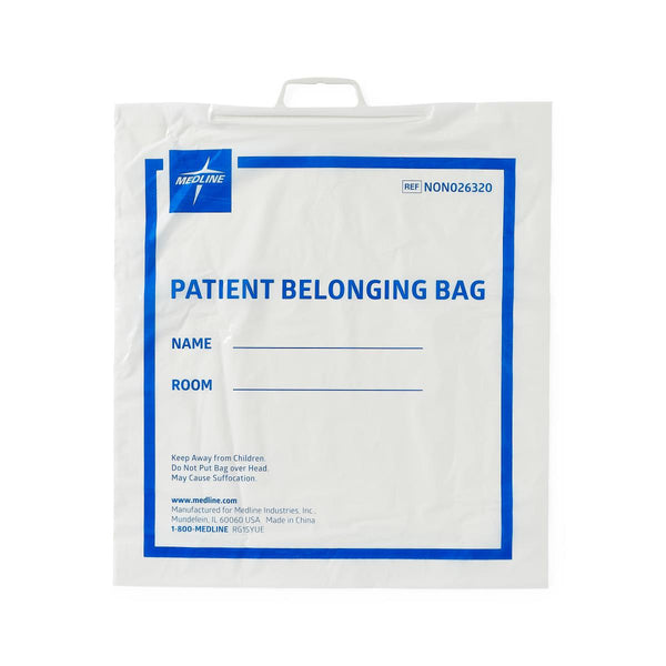 Plastic Patient Belongings Bag with Rigid Handle, Printed, White, 18" x 20" x 4", 250/CS  (NON026320) Case of 250