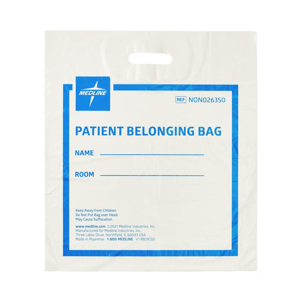 Plastic Patient Belongings Bag with Patch Handle, Printed, White, 16" x 18" x 4", 250/CS  (NON026350) Case of 250