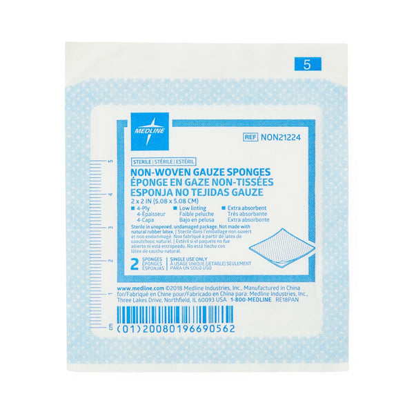 Gauze Sterile Nonwoven 4-Ply Sponges, 2" x 2", in 2-Packs, 100/BX  (NON21224H) Box of 100