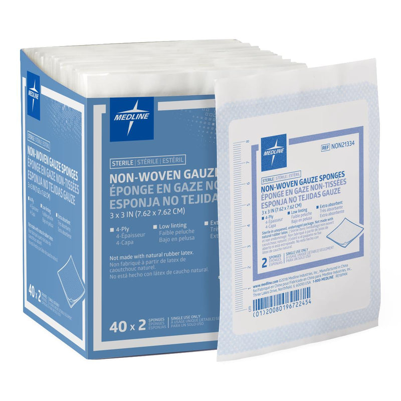 Gauze Sterile Nonwoven 4-Ply Sponges, 3" x 3", in 2-Packs, 1200/CS  (NON21334) Case of 1200