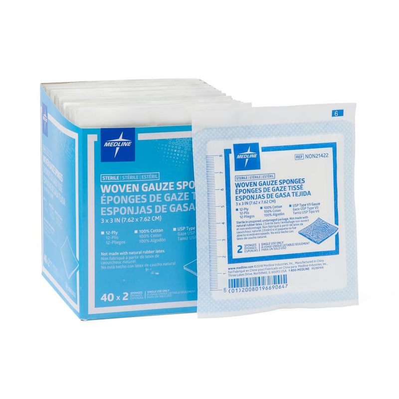 Woven Sterile Gauze Sponges, 3" x 3", 12-Ply, 2/Pack, 2400/CS  (NON21422) Case of 2400