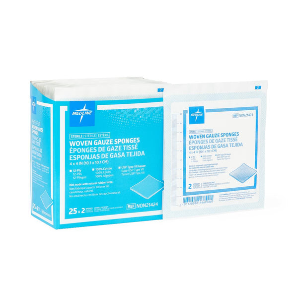 Woven Sterile Gauze Sponges, 4" x 4", 12-Ply, 2/Pack, 1200/CS  (NON21424) Case of 1200