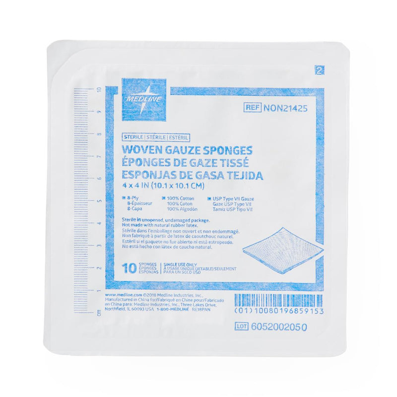 Woven Sterile Gauze Sponges, 4" x 4", 8-Ply, 10/Hard Tray, 1280/CS  (NON21425) Case of 1280