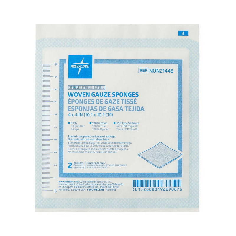 Woven Sterile Gauze Sponges, 4" x 4", 8-Ply, 2/Pack, 100/BX  (NON21448H) Box of 100