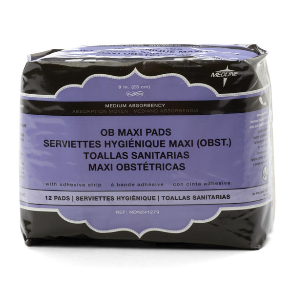 Nonsterile Sanitary Maxi Pads with Adhesive Strip, 9", 12/BG (NON241279H) Bag of 12