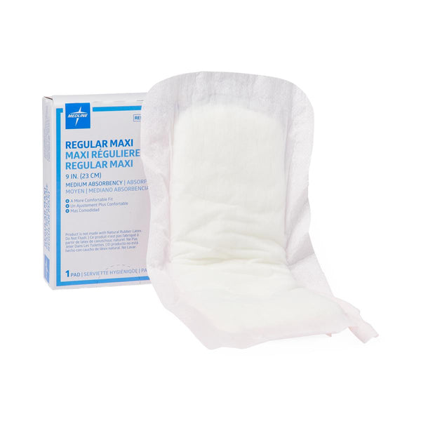 Nonsterile Sanitary Maxi Pads with Adhesive Strip, Packaged in Individual 4" Vending Box, 9", 250/CS (NON241278) Case of 250