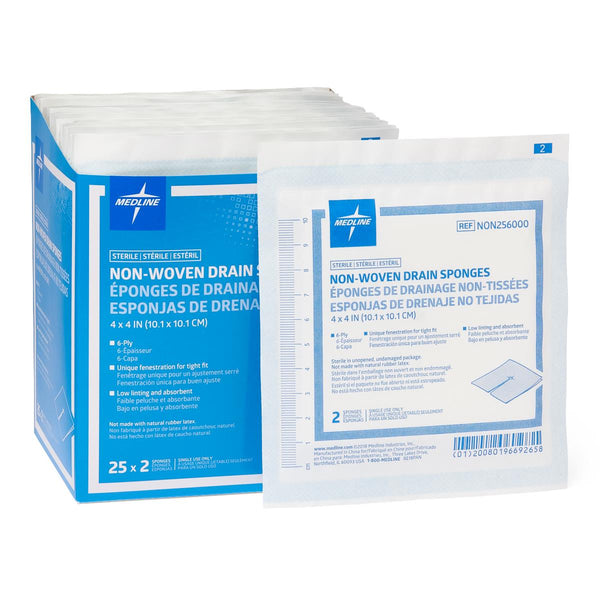 Sterile Nonwoven Gauze Drain Sponges, Premium, 6-Ply, 4" x 4", 2/Pack, 50/BX  (NON256000H) Box of 50