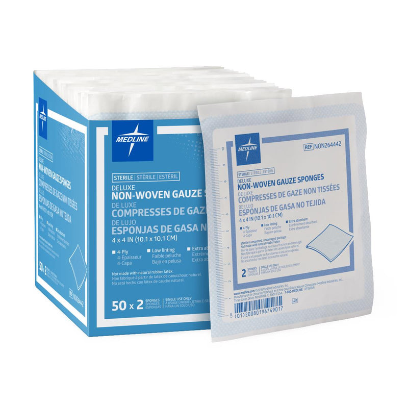 Deluxe 4-Ply Sterile Nonwoven Gauze Sponge, 4" x 4", 2/Pack, 1200/CS  (NON264442) Case of 1200