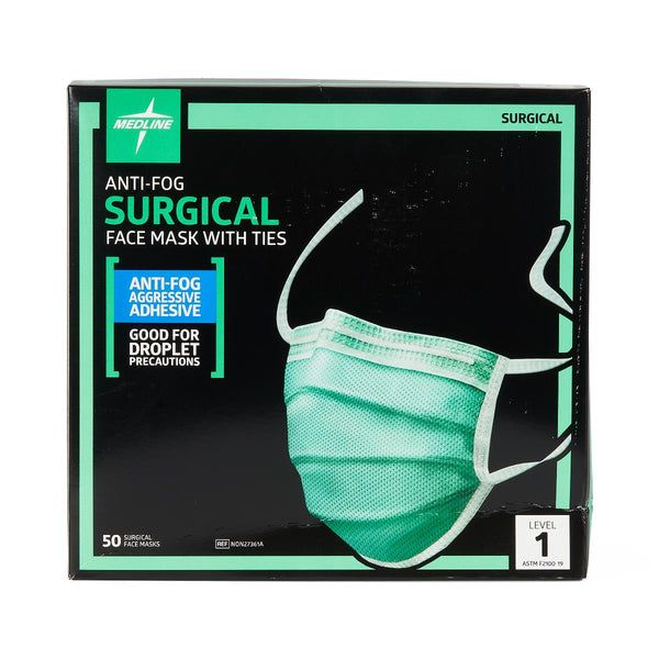 ASTM Level 1 Surgical Face Mask with Ties, Anti-Fog Adhesive Tape with Liner, Green, 300/CS (NON27361A) Case of 300