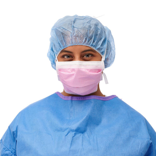 ASTM Level 3 Surgical Face Mask with Ties, Anti-Fog Foam Strip, Pink-Striped, 300/CS (NON27712) Case of 300