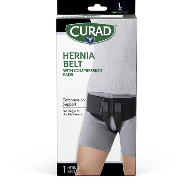 CURAD Hernia Belt with Removable Compression Pads, Hook-and-Loop Closure, Elastic, Black, Size L, Retail Packaging, 4 Belts/Case, 4/CS (CURORT224L) Case of 4