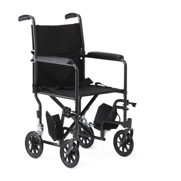 Basic Steel Transport Chair with Permanent Full-Length Arms and Swing-Away Footrests, 250 lb. Capacity, 17" Wide, Black, 1/EA  (MDS808200BN) Each