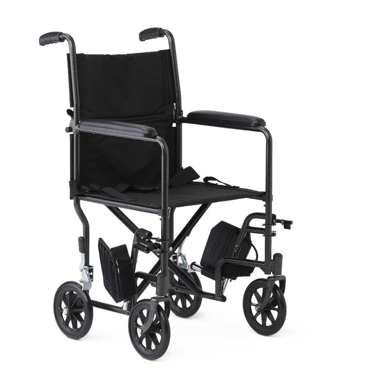Basic Steel Transport Chair with Permanent Full-Length Arms and Swing-Away Footrests, 250 lb. Capacity, 17" Wide, Black, 1 EA (MDS808200BN) Each