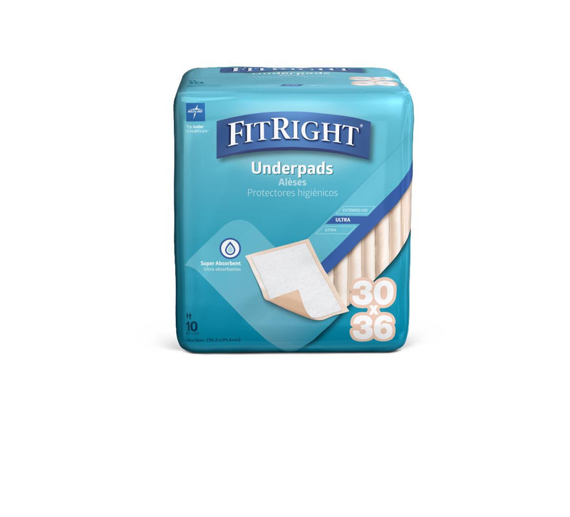 FitRight Fluff/Polymer Underpads, Heavy Absorbency, 30" x 36", Inner Packs of 10/Bag, 100/CS (MUP2000F) Case of 100