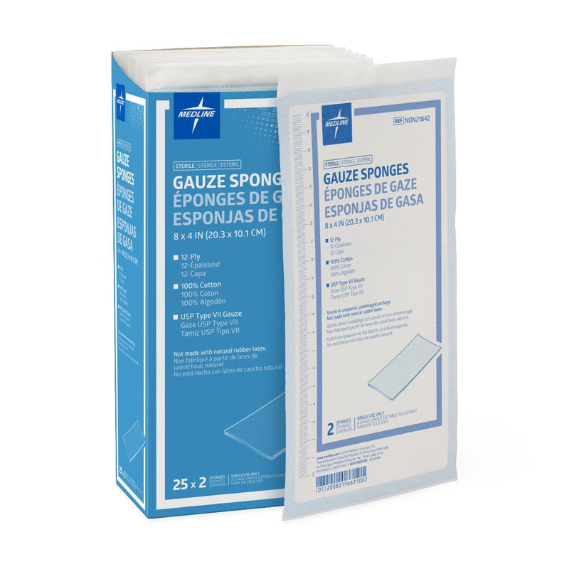 Woven Sterile Gauze Sponges, 8" x 4", 12-Ply, 2/Pack, 1000/CS  (NON21842) Case of 1000