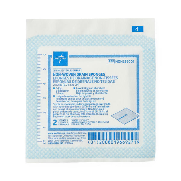 Sterile Nonwoven Gauze Drain Sponges, Premium, 6-Ply, 2" x 2", 2/Pack, 1400/CS  (NON256001) Case of 1400