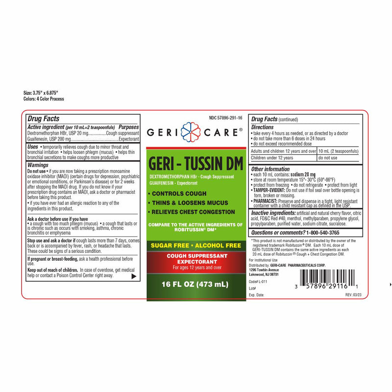 Geri-Tussin DM Cough Suppressant with Guaifenesin 200 mg and Dextromethorphan 20 mg, Sugar-Free, Alcohol-Free, 16 oz. Bottle, 1 BT (OTC066016) 1 Bottle