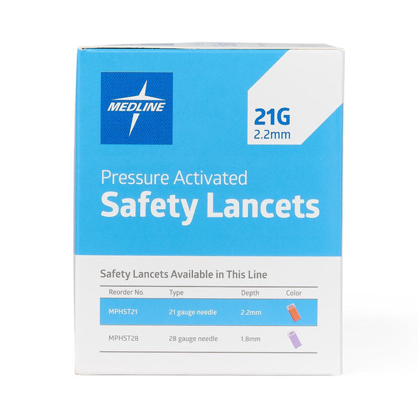 Sterile Safety Lancet with Pressure Activation, 21G x 2.2 mm, 200/BX (MPHST21Z) Box of 200