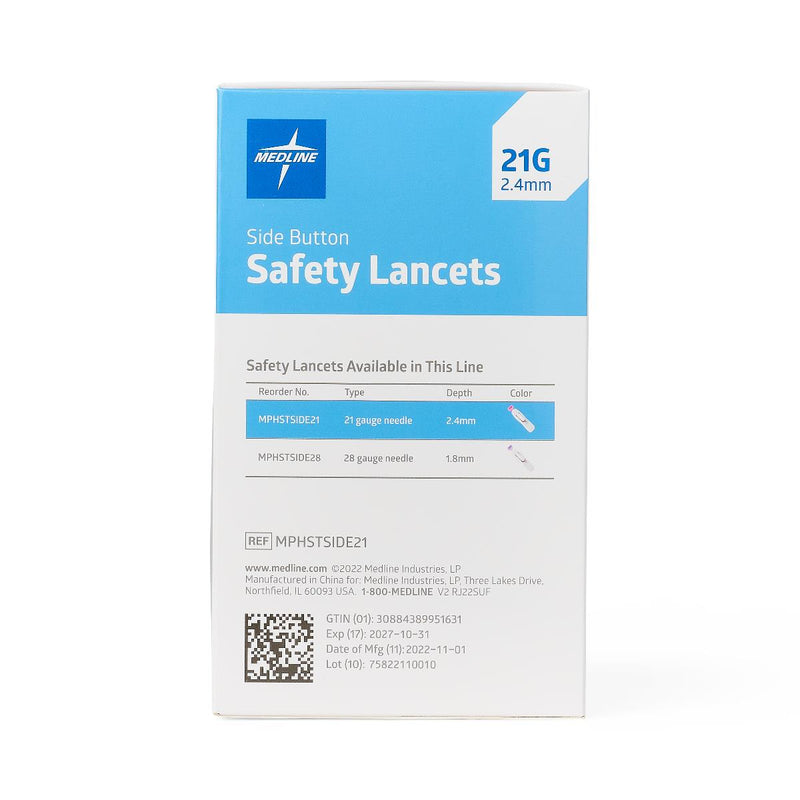 Sterile Safety Lancet with Side-Button Activation, 21G x 2.4 mm, 200/BX (MPHSTSIDE21Z) Box of 200