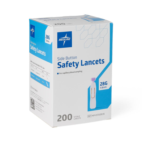 Sterile Safety Lancet with Side-Button Activation, 28G x 1.8 mm, 200/BX (MPHSTSIDE28Z) Box of 200