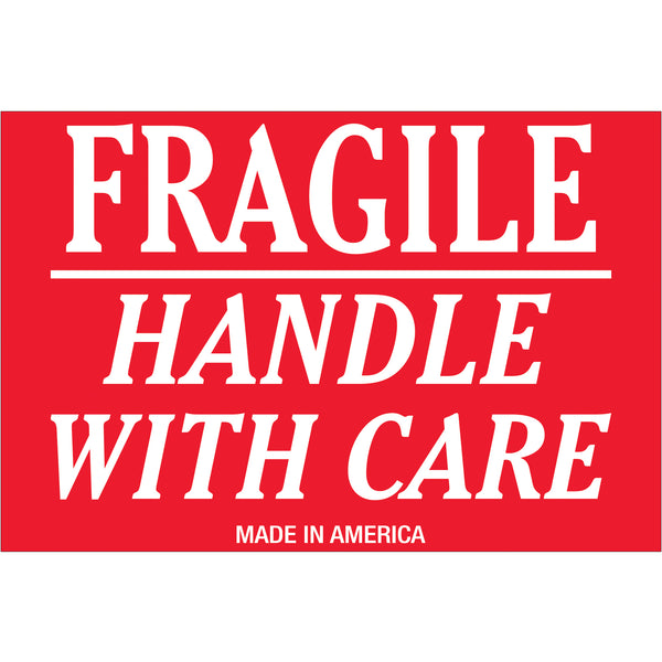 TAPE LOGIC® Labels, "Fragile - Handle With Care", 2" x 3", Red/White, 500/Roll (DL1052) Roll Of 500