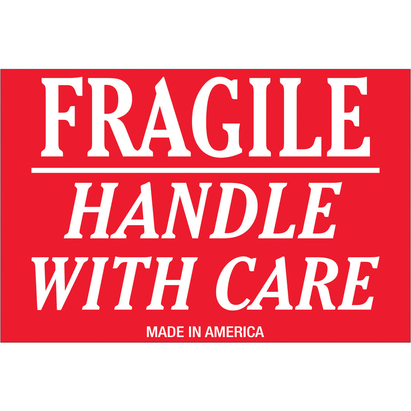 TAPE LOGIC® Labels, "Fragile - Handle With Care", 2" x 3", Red/White, 500/Roll (DL1052) Roll Of 500