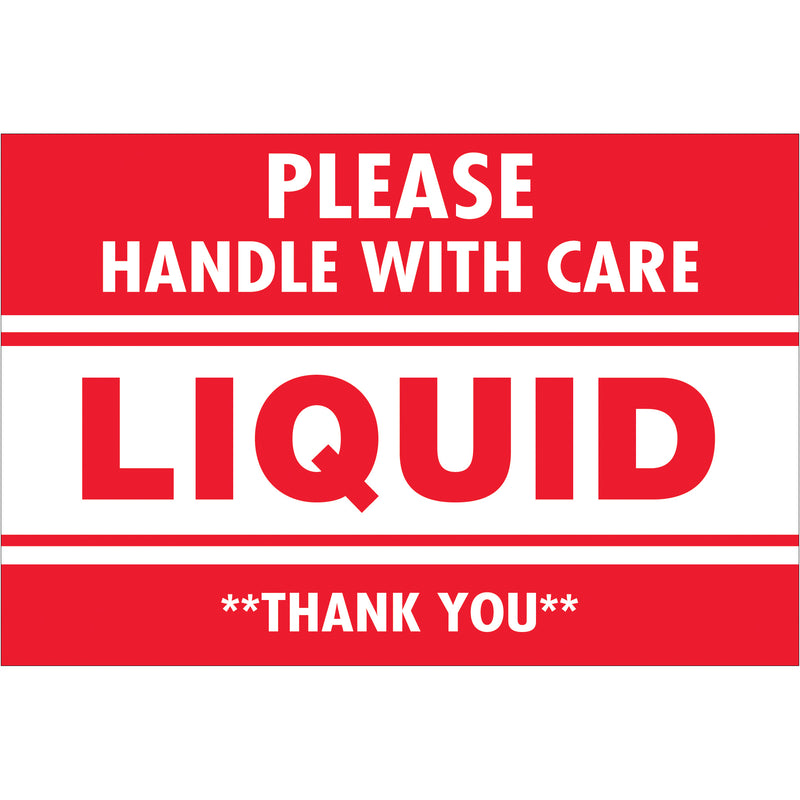 2 x 3" - "Please Handle With Care - Liquid - Thank You" Labels (DL1059) Roll Of 500