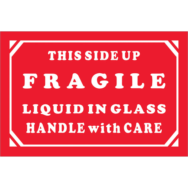 2 x 3" - "Fragile - Liquid In Glass - Handle With Care" Labels (DL1068) Roll Of 500