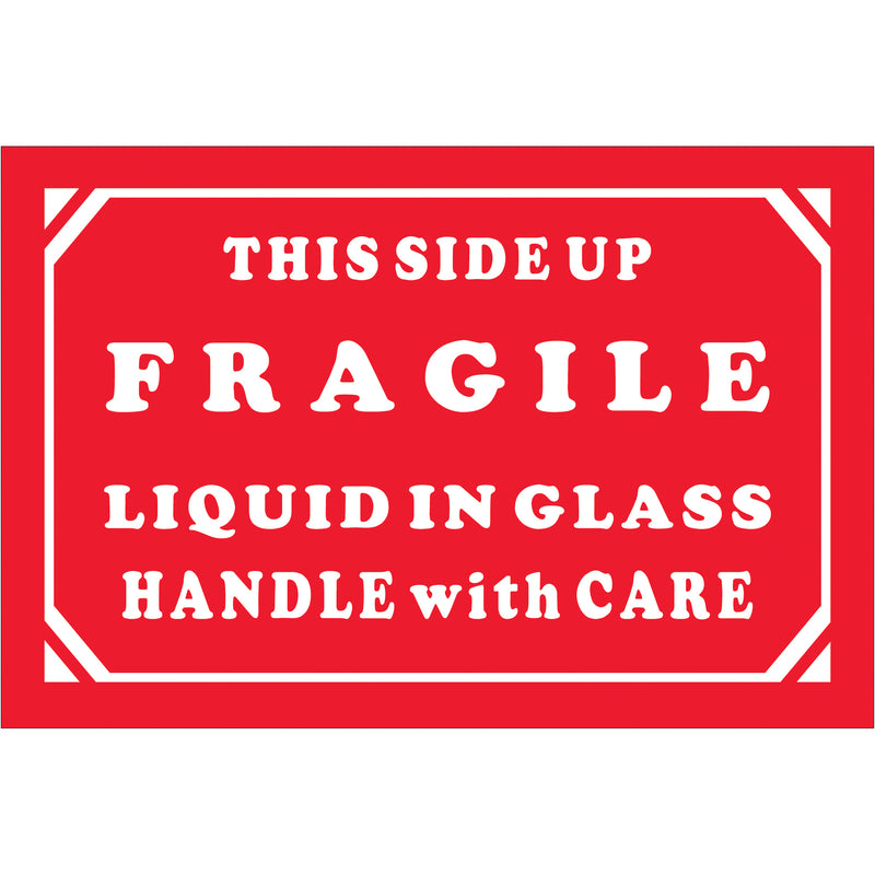 2 x 3" - "Fragile - Liquid In Glass - Handle With Care" Labels (DL1068) Roll Of 500