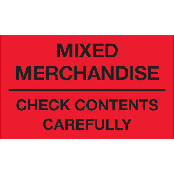 3 x 5" - "Mixed Merchandise - Check Contents Carefully" (Fluorescent Red) Labels (DL1111) Roll Of 500
