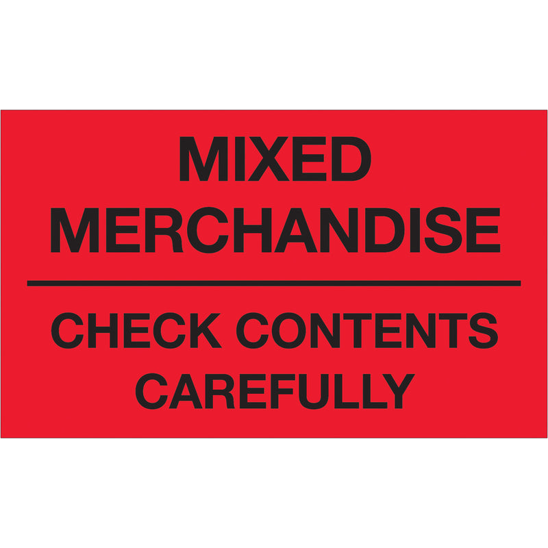 3 x 5" - "Mixed Merchandise - Check Contents Carefully" (Fluorescent Red) Labels (DL1111) Roll Of 500