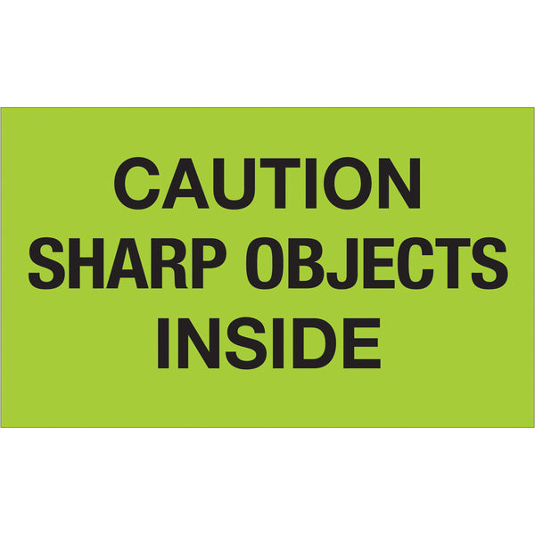 3 x 5" - "Caution Sharp Objects Inside" (Fluorescent Green) Labels, Roll Of 500 Roll Of 500