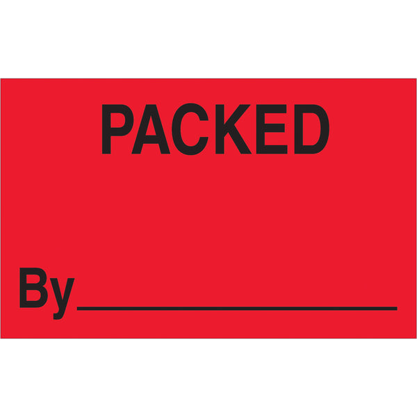 1 1/4 x 2" - "Packed By" (Fluorescent Red) Labels, Roll Of 500 Roll Of 500