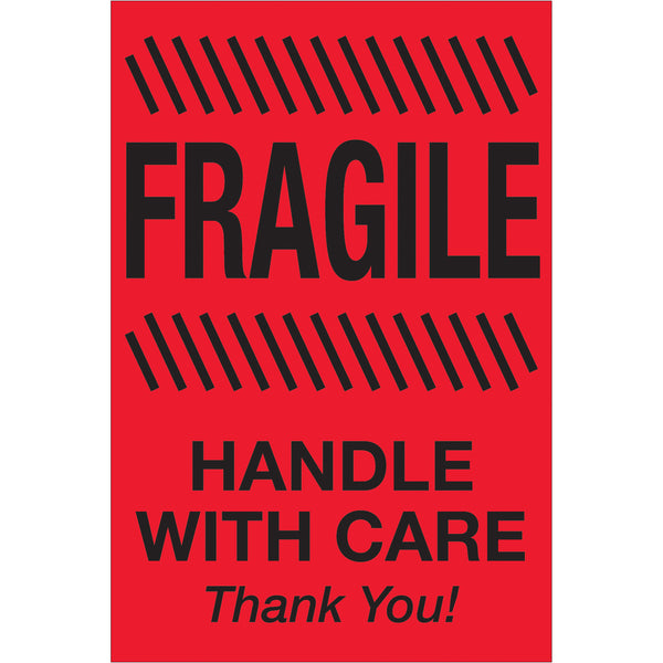 4 x 6" - "Fragile - Handle With Care" (Fluorescent Red) Labels (DL1186) Roll Of 500