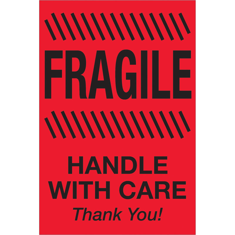 4 x 6" - "Fragile - Handle With Care" (Fluorescent Red) Labels (DL1186) Roll Of 500