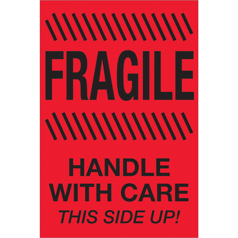 4 x 6" - "Fragile - Handle With Care - This Side Up" (Fluorescent Red) Labels (DL1187) Roll Of 500