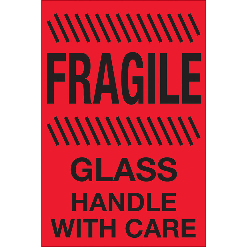 4 x 6" - "Fragile - Glass - Handle With Care" (Fluorescent Red) Labels (DL1188) Roll Of 500