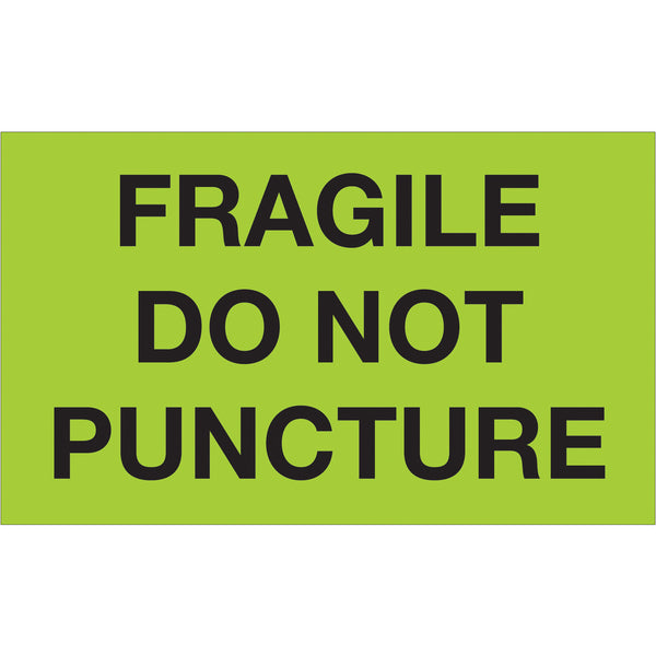 3 x 5" - "Fragile - Do Not Puncture" (Fluorescent Green) Labels (DL1197) Roll Of 500