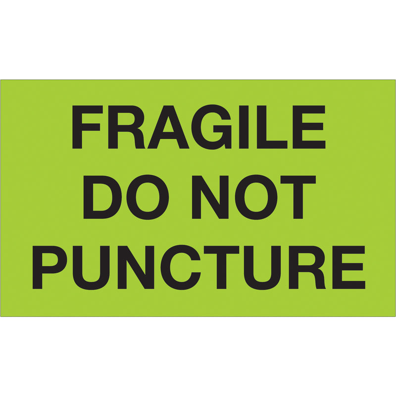 3 x 5" - "Fragile - Do Not Puncture" (Fluorescent Green) Labels (DL1197) Roll Of 500