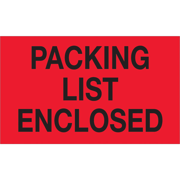 3 x 5" - "Packing List Enclosed" (Fluorescent Red) Labels, Roll Of 500 Roll Of 500