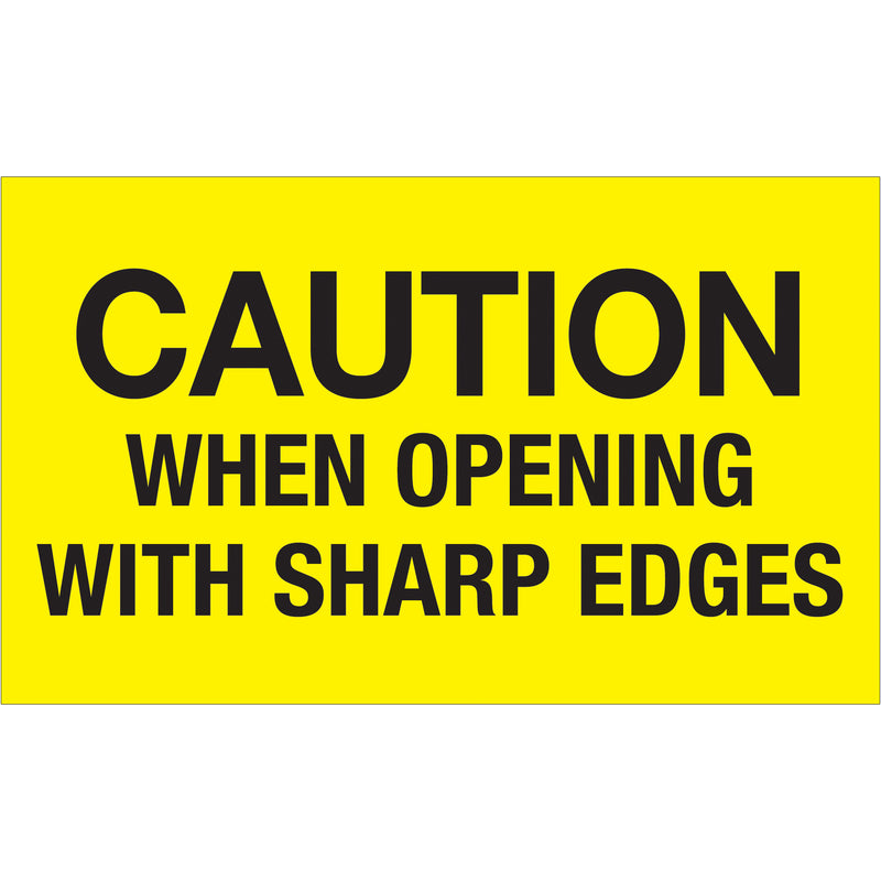 3 x 5" - "Caution When Opening With Sharp Edges" (Fluorescent Yellow) Labels (DL1224) Roll Of 500