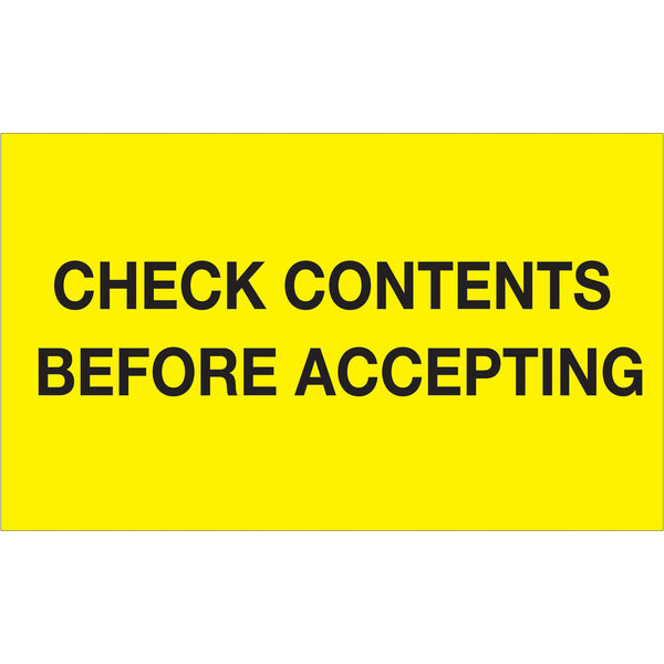 3 x 5" - "Check Contents Before Accepting" (Fluorescent Yellow) Labels, Roll Of 500 Roll Of 500