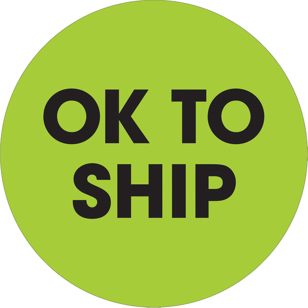 2" Circle - "Ok To Ship" Fluorescent Green Labels, Roll Of 500 Roll Of 500