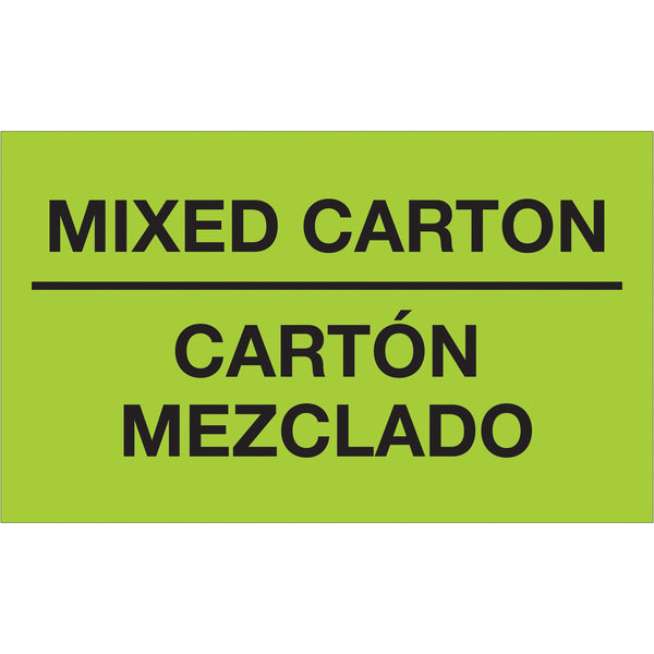 3 x 5" - "Mixed Carton - Carton Mezclado" (Fluorescent Green) Bilingual Labels (DL1319) Roll Of 500