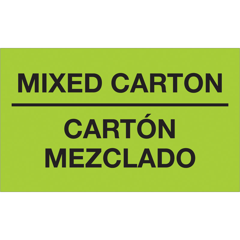 3 x 5" - "Mixed Carton - Carton Mezclado" (Fluorescent Green) Bilingual Labels (DL1319) Roll Of 500