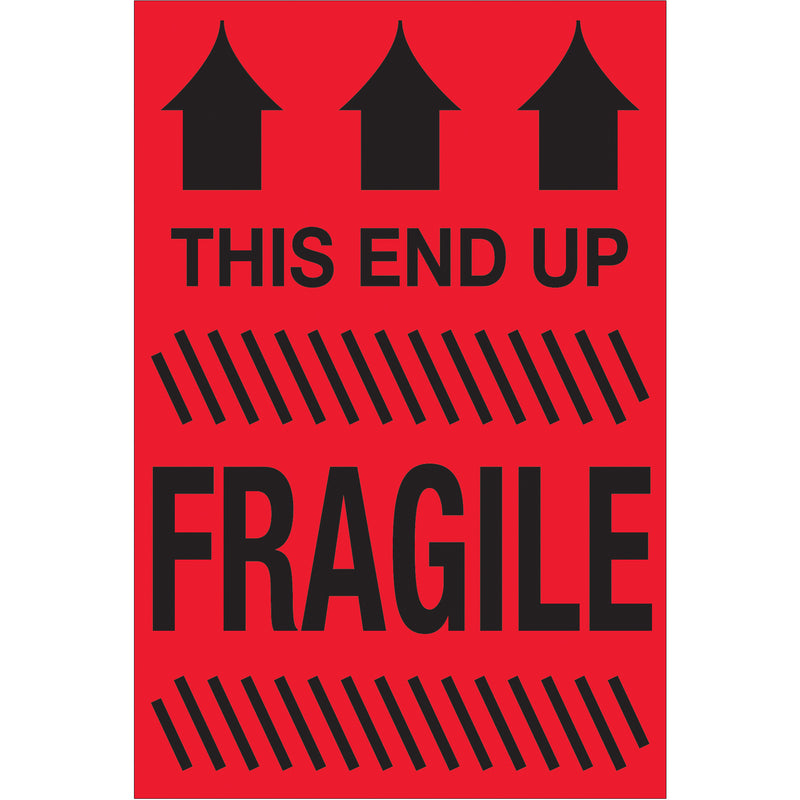 2 x 3" - "This End Up - Fragile" (Fluorescent Red) Labels (DL1325) Roll Of 500