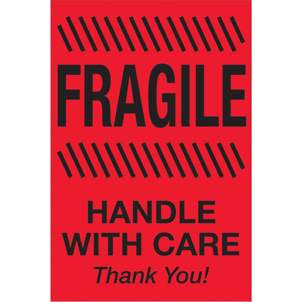 2 x 3" - "Fragile - Handle With Care" (Fluorescent Red) Labels (DL1326) Roll Of 500