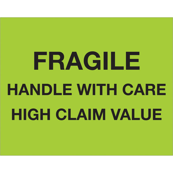 8 x 10" - "Fragile Handle With Care - High Claim Value" (Fluorescent Green) Labels, Roll Of 250 Roll Of 250