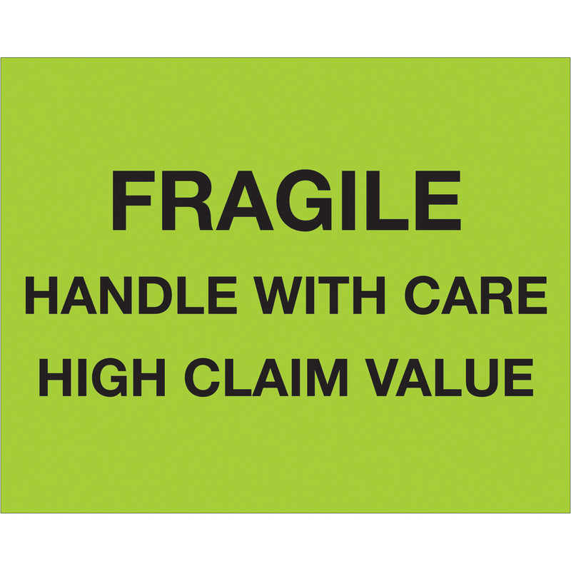 8 x 10" - "Fragile Handle With Care - High Claim Value" (Fluorescent Green) Labels, Roll Of 250 Roll Of 250